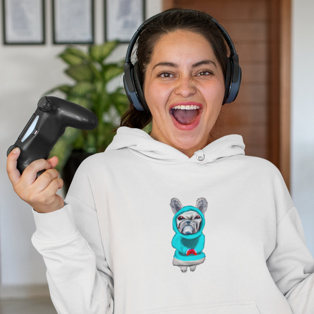 Woman wearing French Bullldog gamer sustainable vegan hoodie