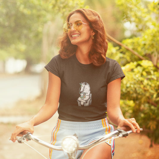 Knitting Unicorn | 100% Organic Cotton T Shirt worn by a woman