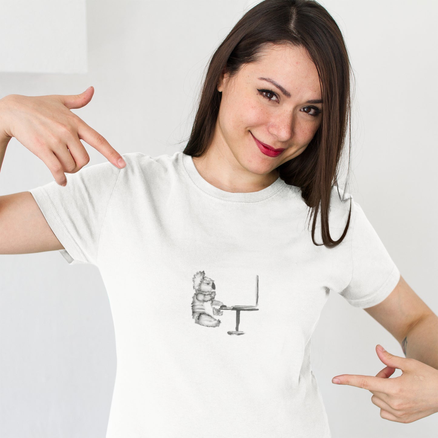 Koala Computer | 100% Organic Cotton T Shirt worn by a woman pointing at the design