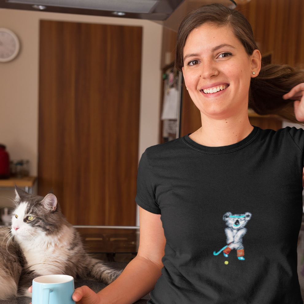 Koala Playing Hockey | 100% Organic Cotton T Shirt worn by a woman