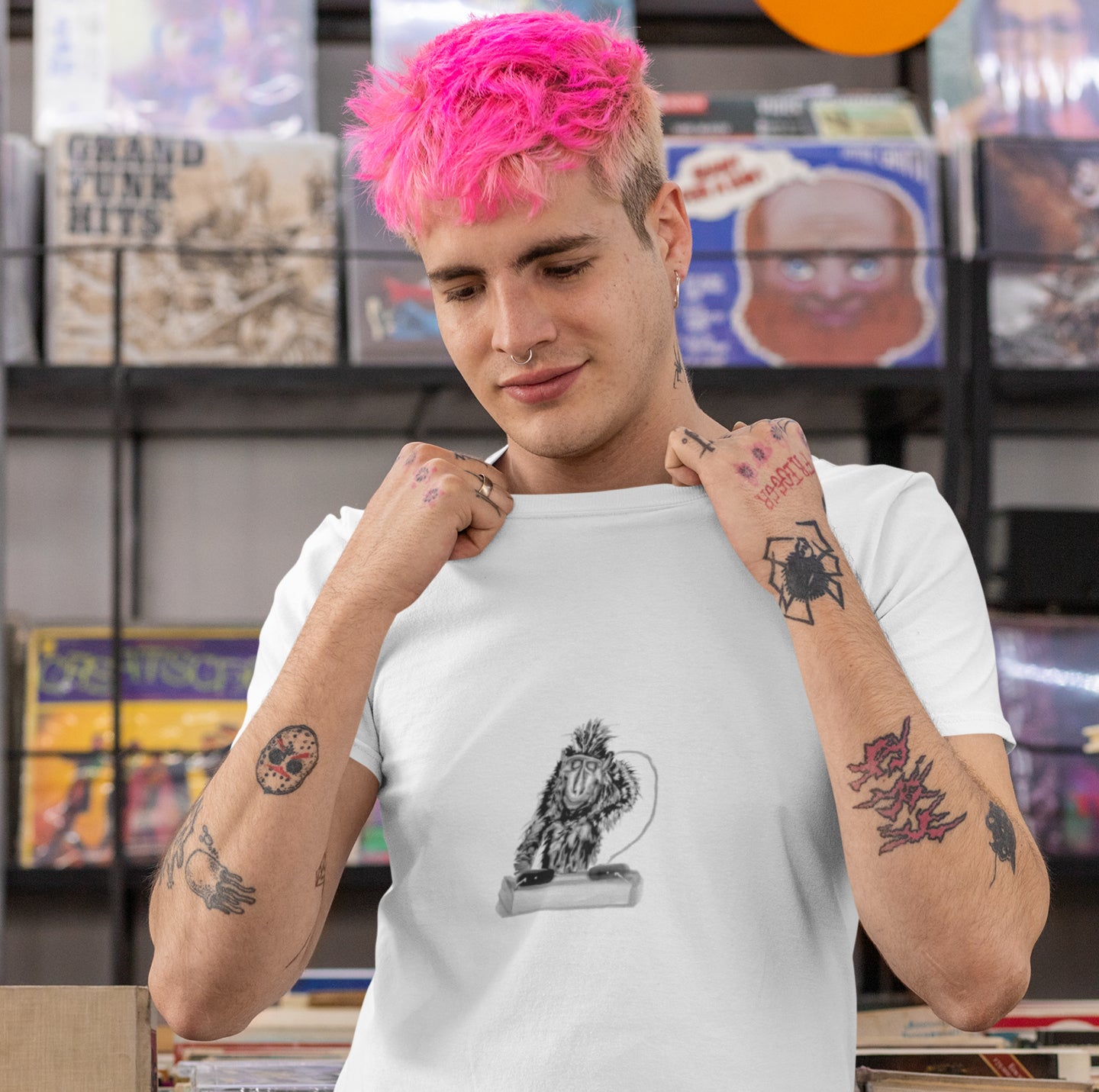 Monkey DJ | 100% Organic Cotton T Shirt by a man choosing records