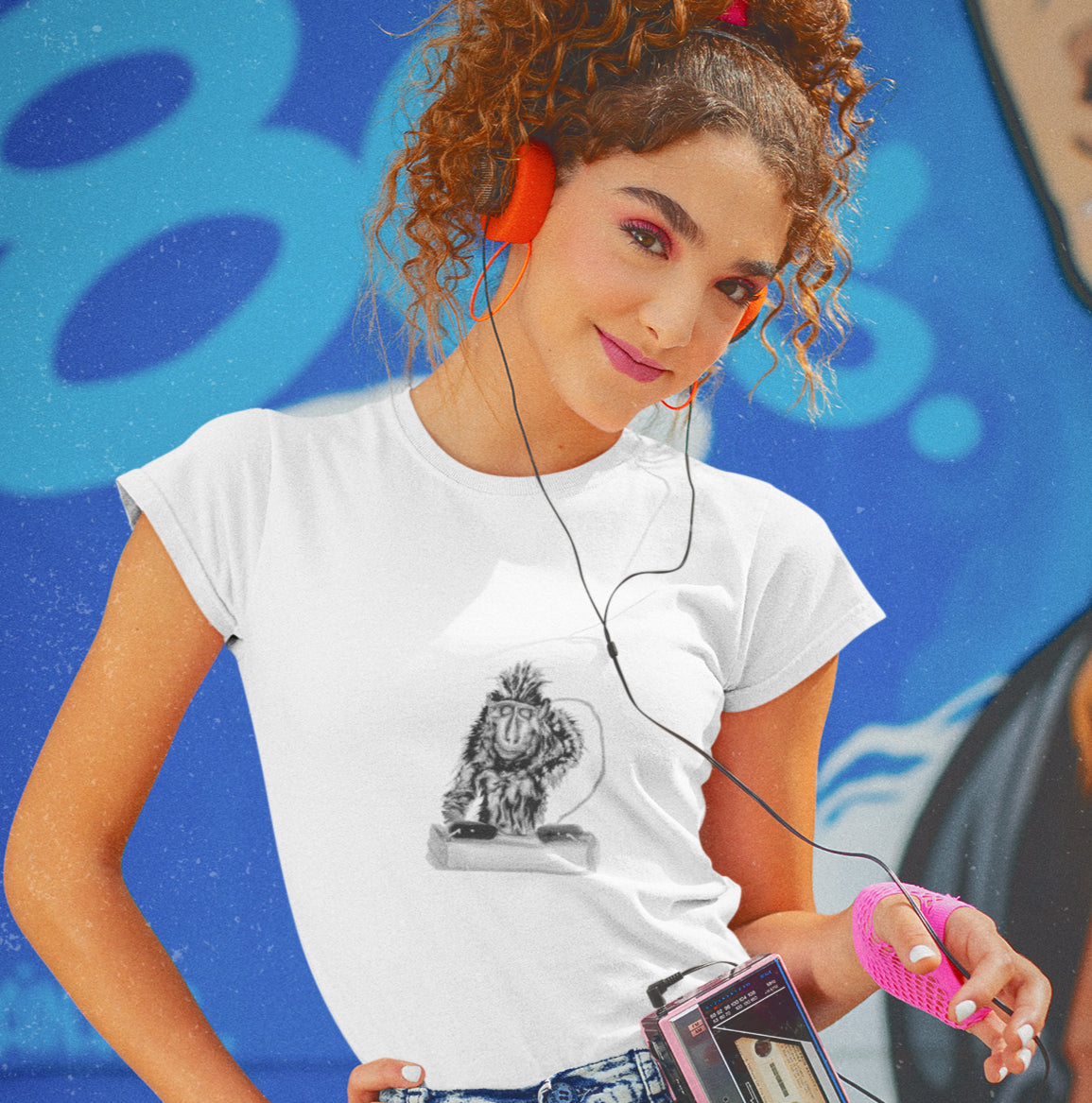 Monkey DJ | 100% Organic Cotton T Shirt worn by a woman with headphones