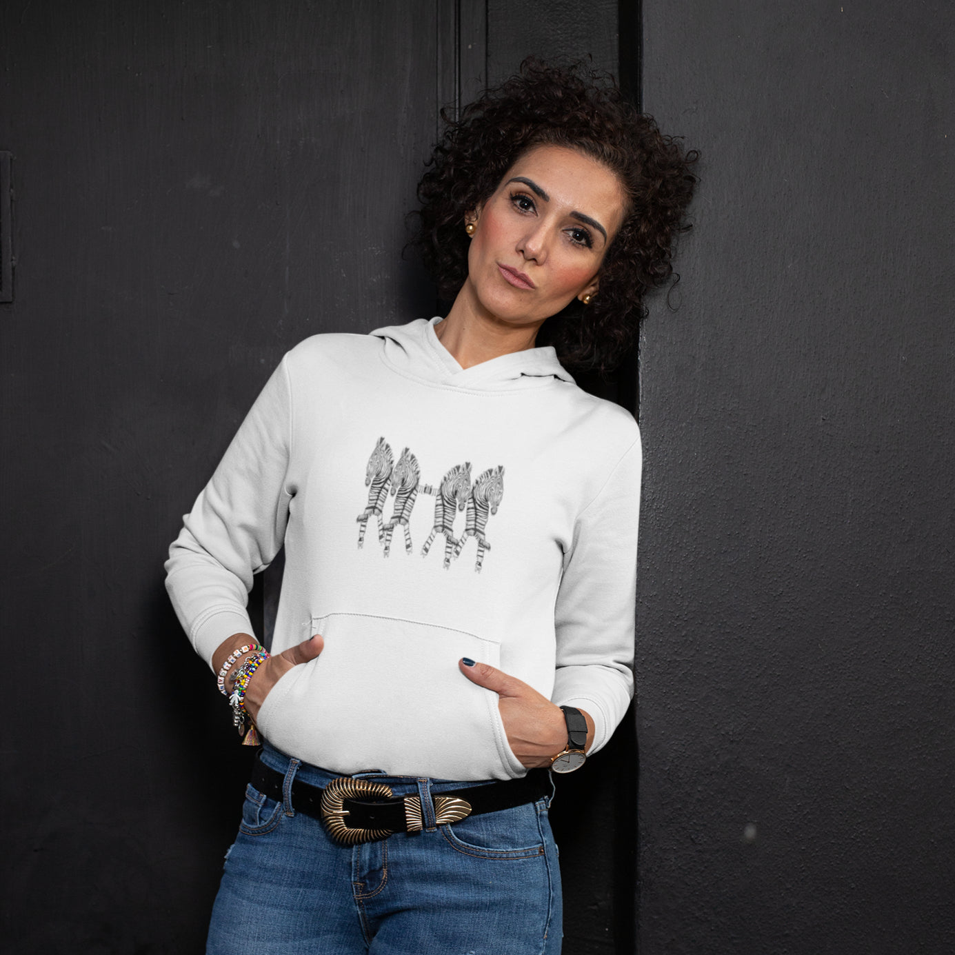 Woman wearing a Rollerskating zebras sustainable vegan hoodie