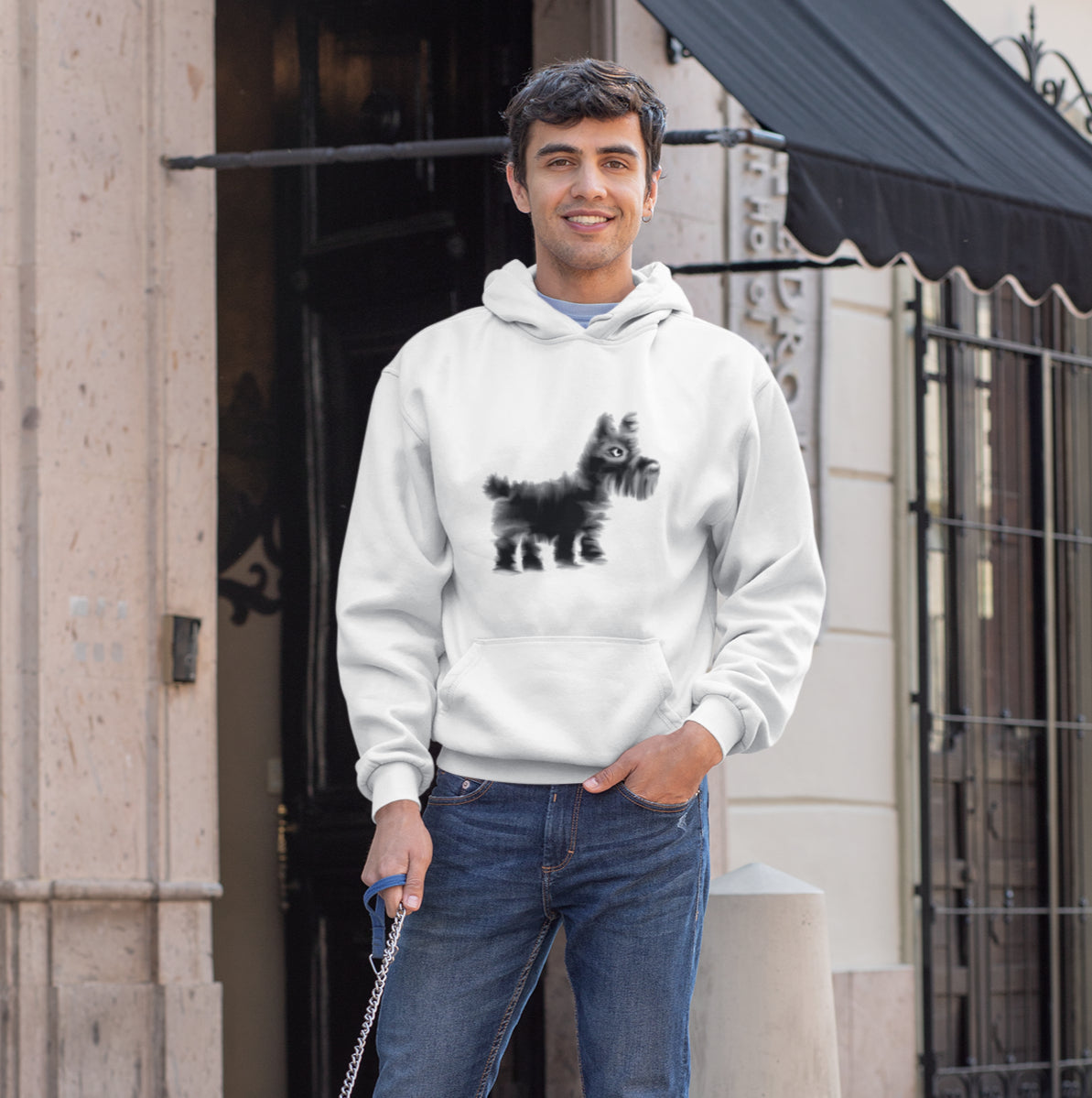 Man wearing a Scottie dog sustainable vegan hoodie