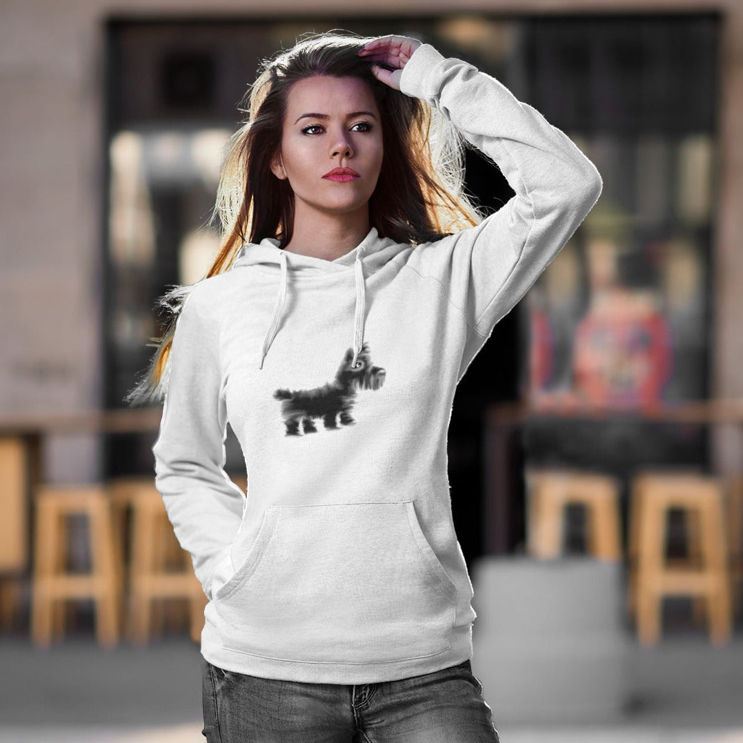 Woman wearing a Scottie dog sustainable vegan hoodie