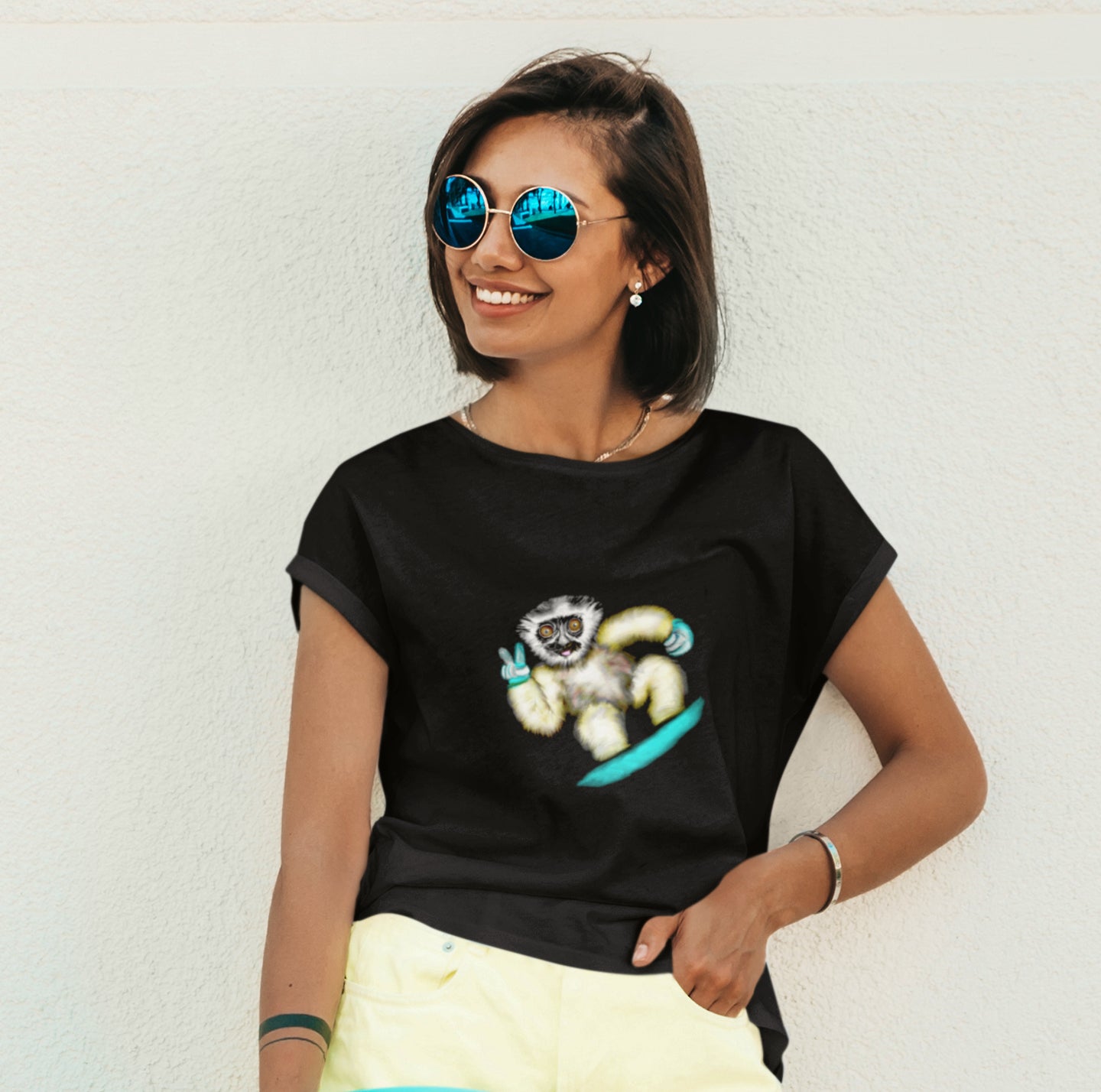 Lemur Snowboarder | 100% Organic Cotton T Shirt worn by a woman