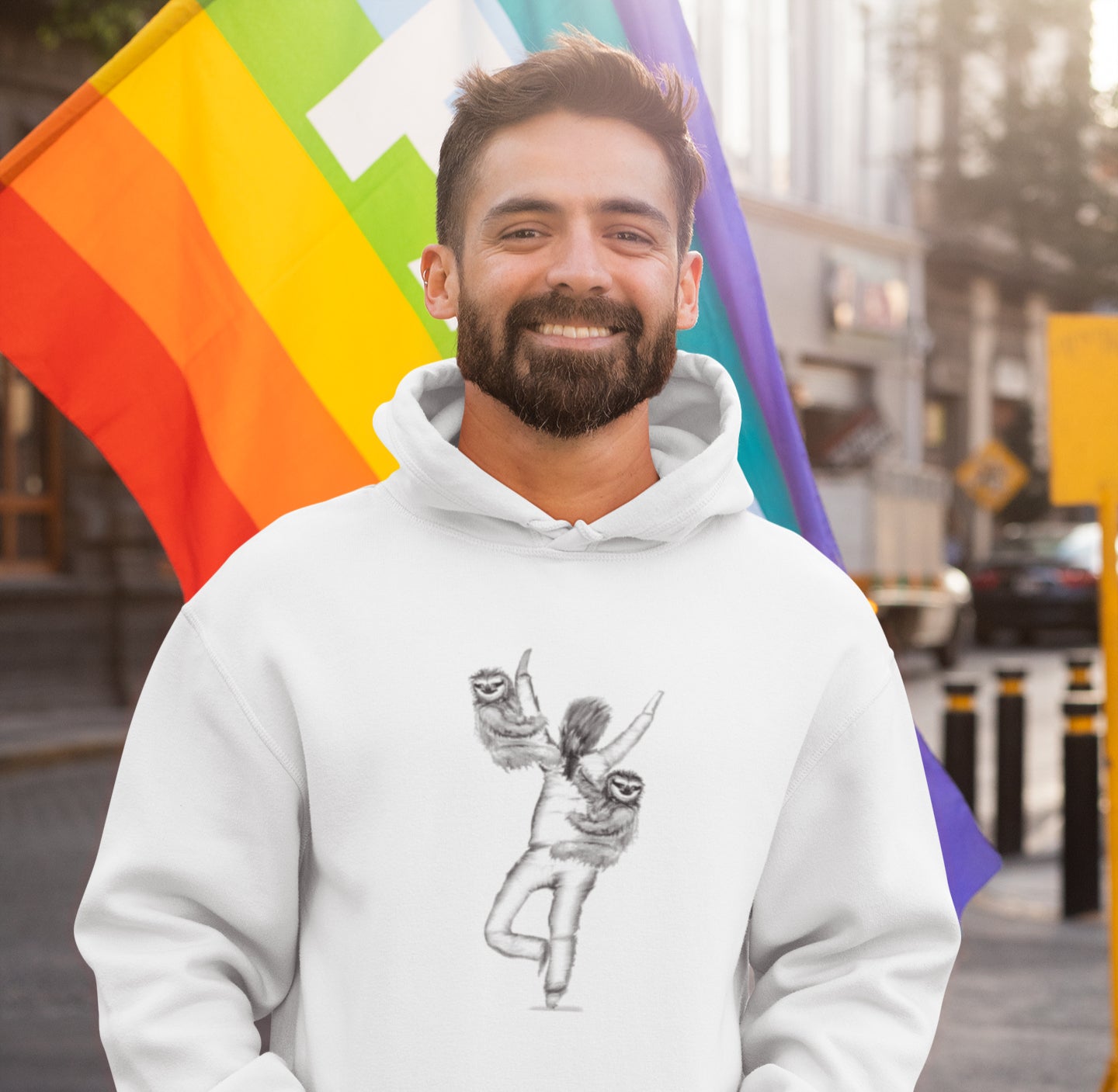 Man wearing a Sloth in a yoga tree pose sustainable vegan hoodie