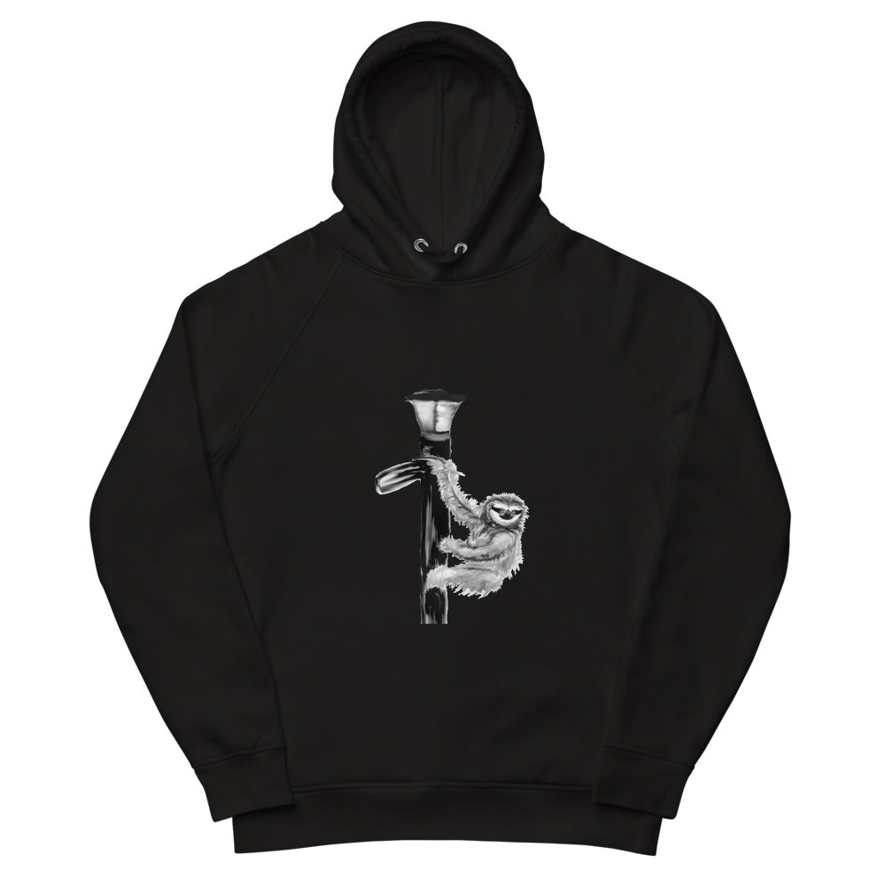Sloth on a lamp post sustainable vegan hoodie in black