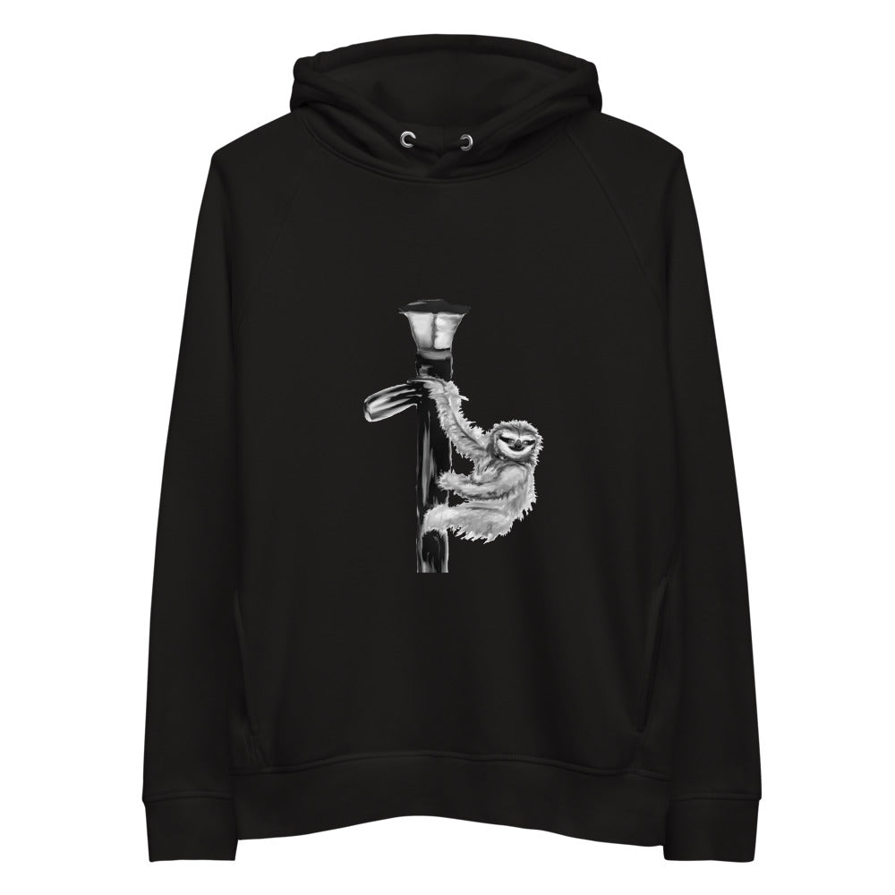 Sloth on a lamp post sustainable vegan hoodie in black