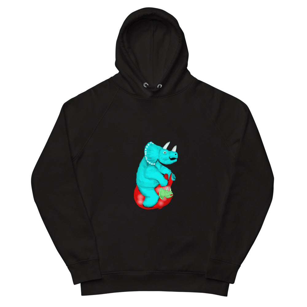 Triceratops on a space hopper sustainable vegan hoodie in black