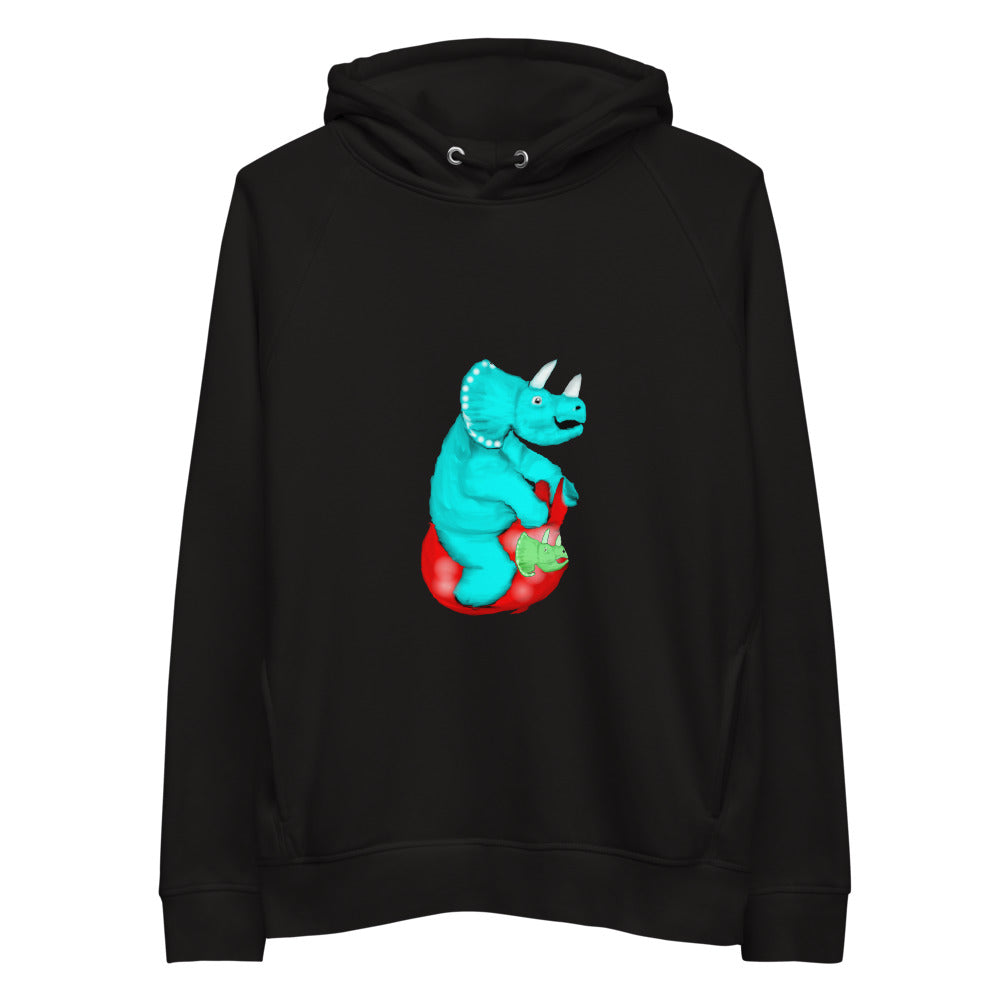 Triceratops on a space hopper sustainable vegan hoodie in black