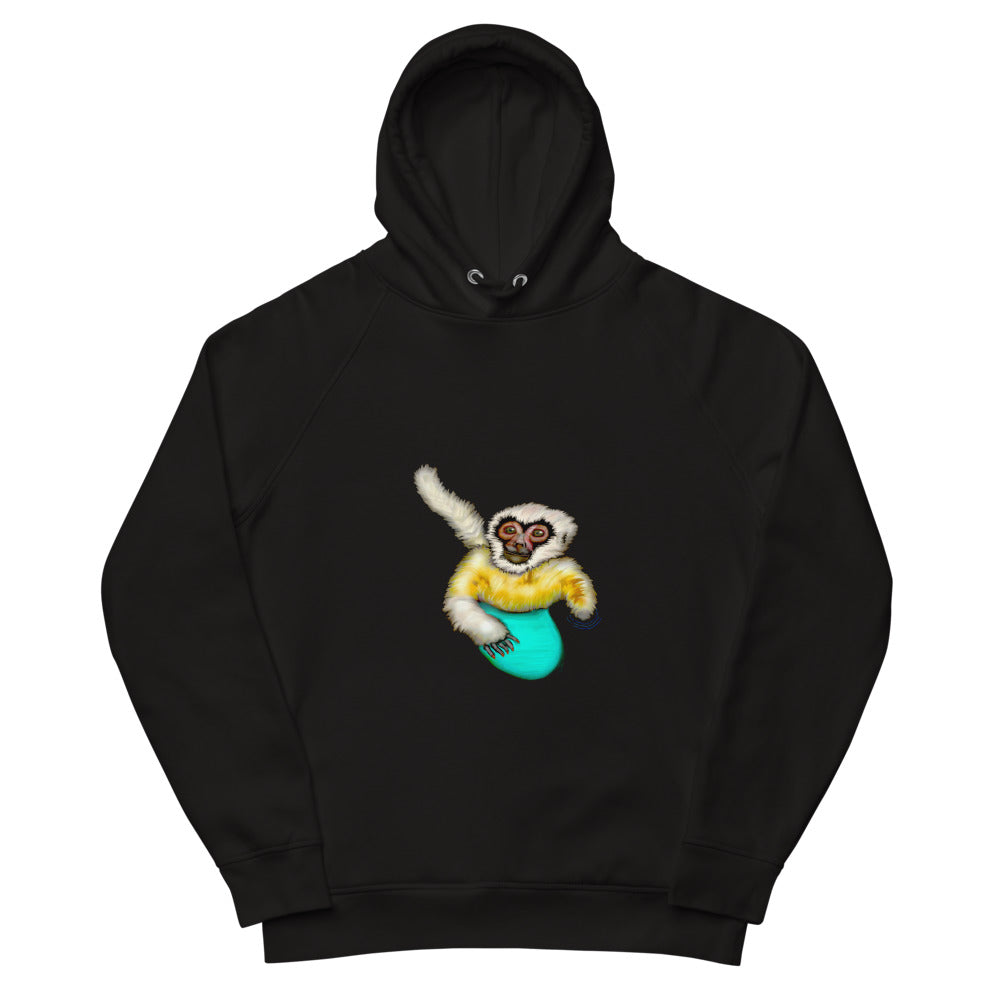 Surfing white cheeked gibbon sustainable vegan hoodie in black