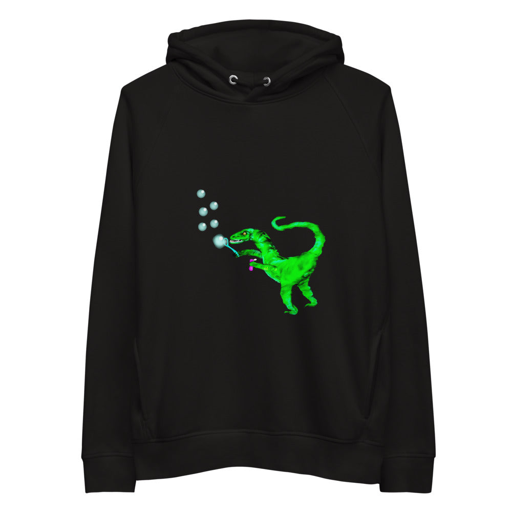 Velociraptor blowing bubbles sustainable vegan hoodie in black