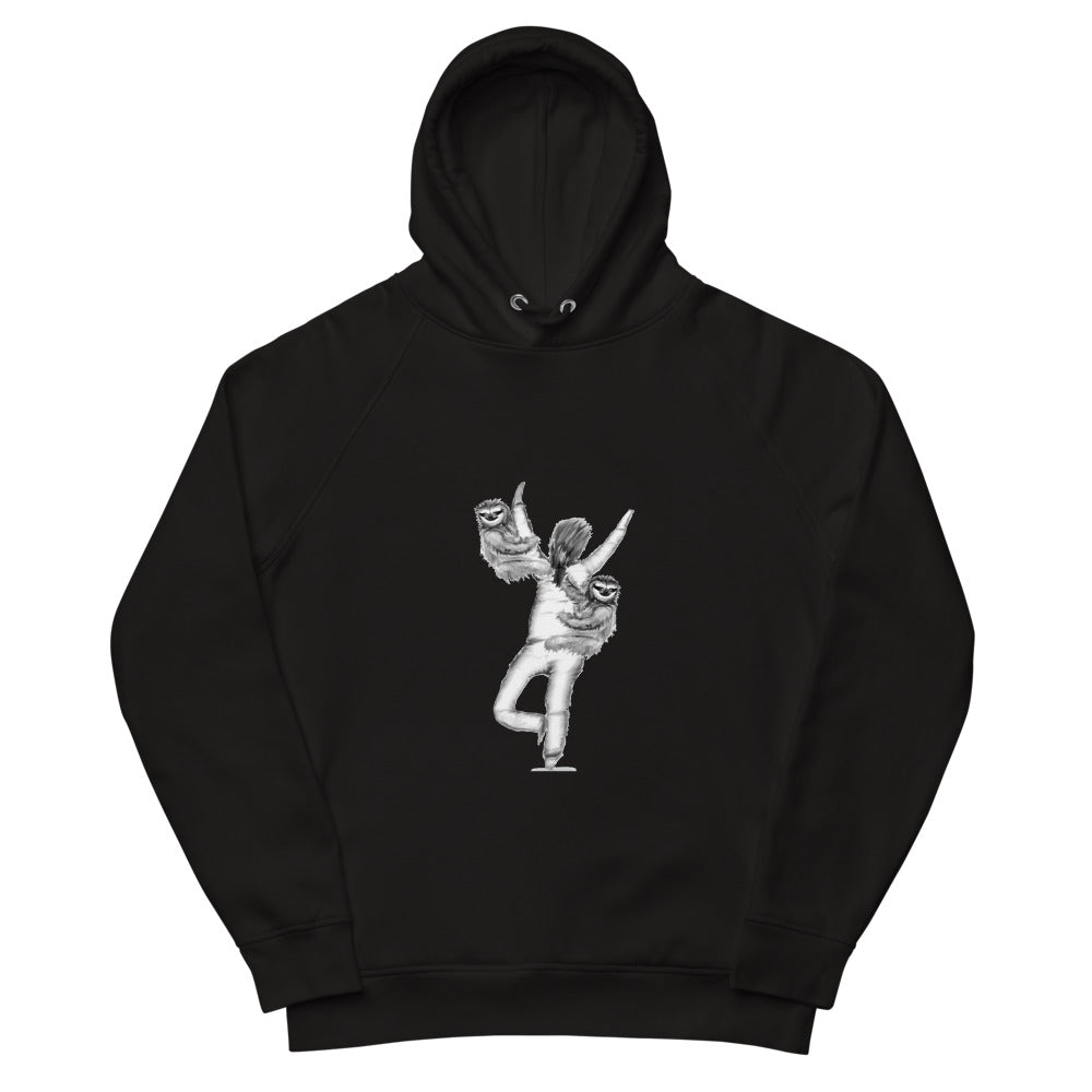 Sloth in a yoga tree pose sustainable vegan hoodie in black