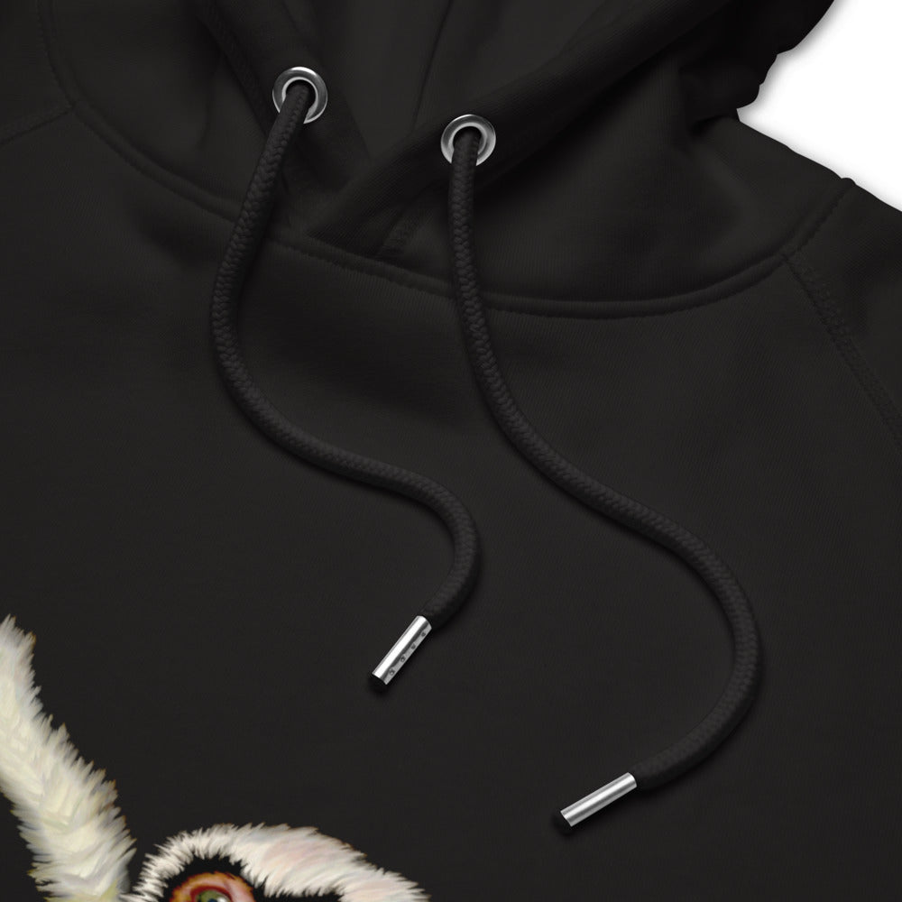 Surfing white cheeked gibbon sustainable vegan hoodie in detail