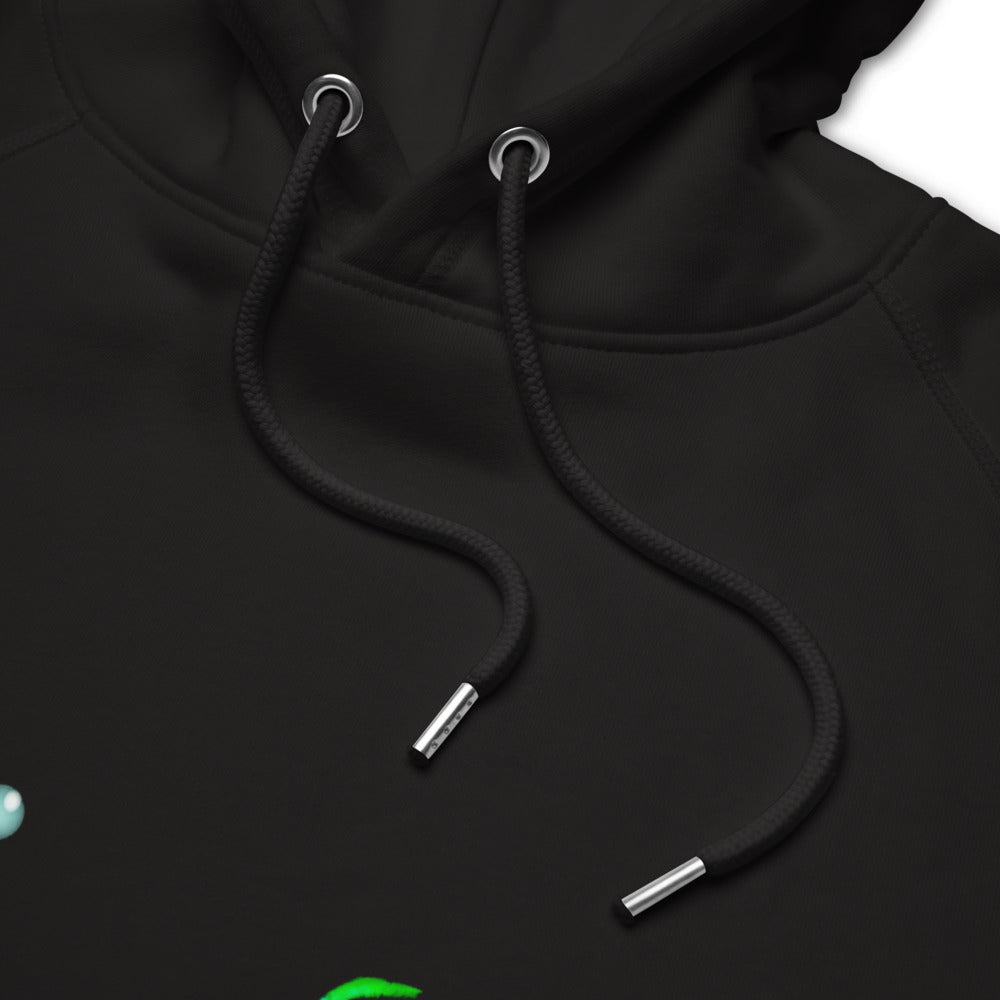 Velociraptor blowing bubbles sustainable vegan hoodie details