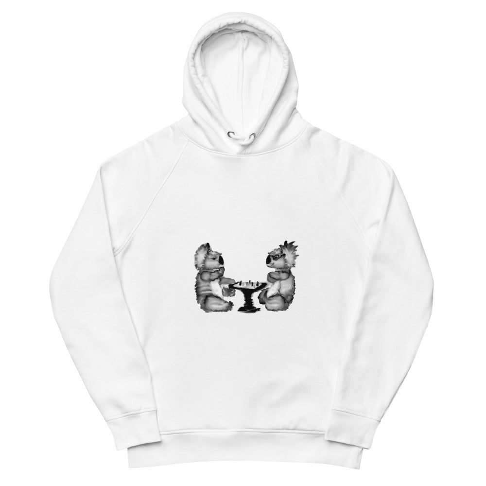 Koalas playing chess sustainable vegan hoodie in white