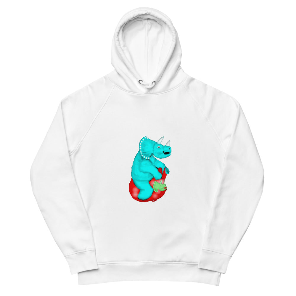 Triceratops on a space hopper sustainable vegan hoodie in white