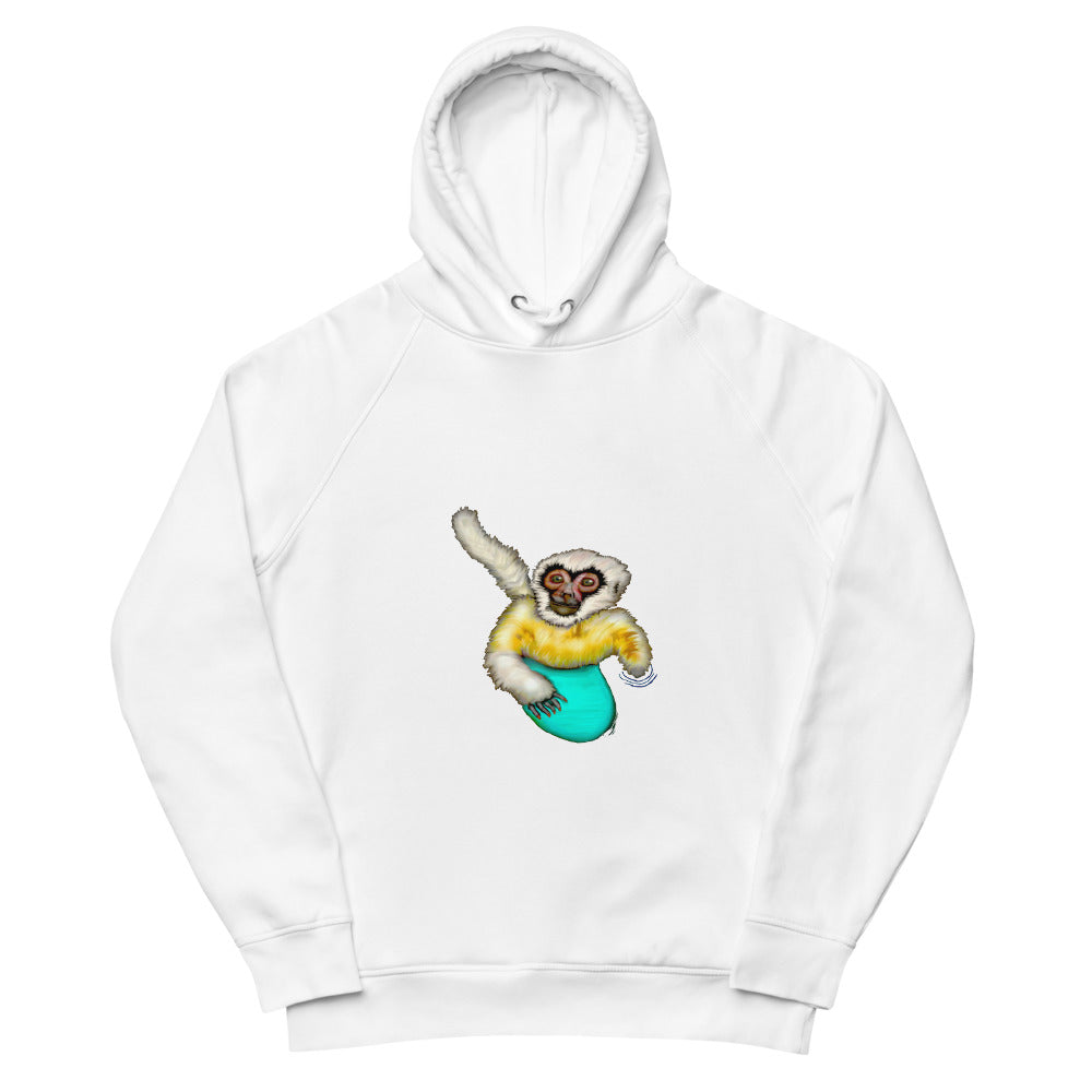 Surfing white cheeked gibbon sustainable vegan hoodie in white