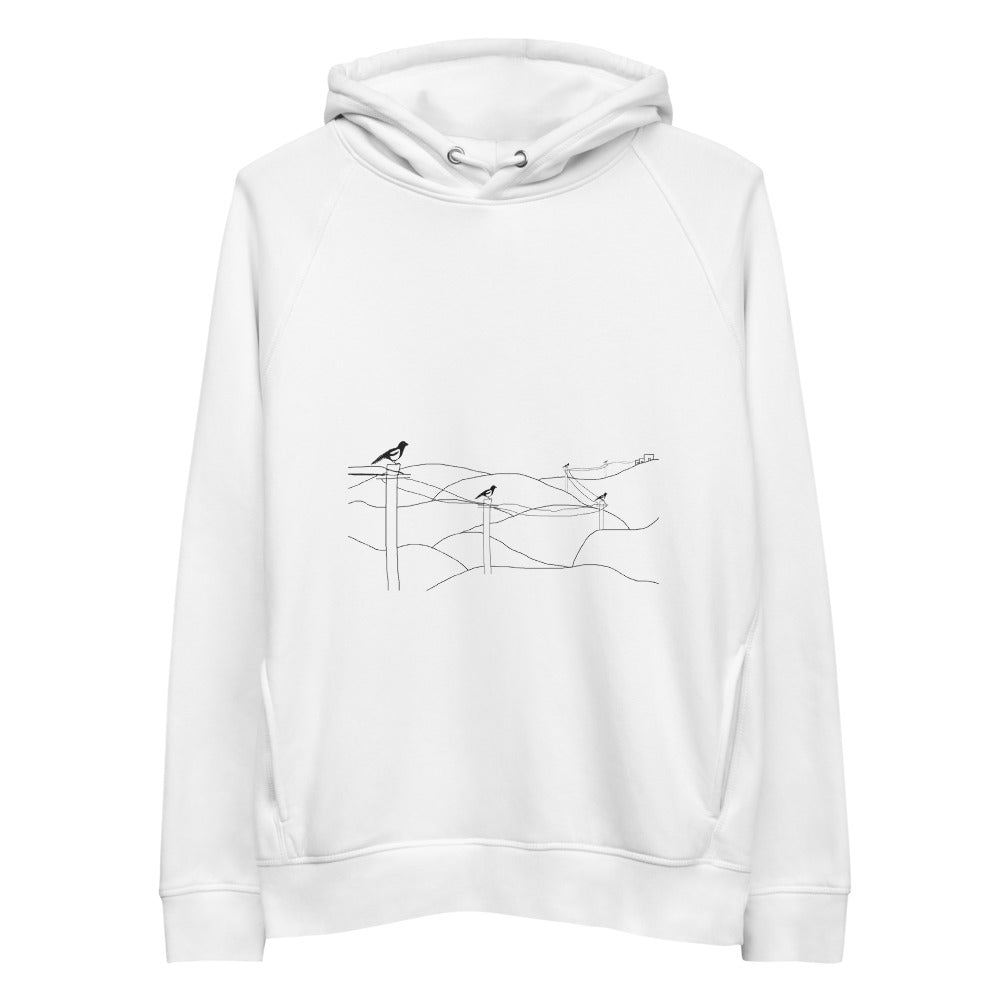 Magpies on a wire sustainable vegan hoodie in white