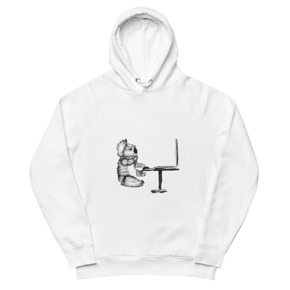 Koala on a computer sustainable vegan hoodie in white