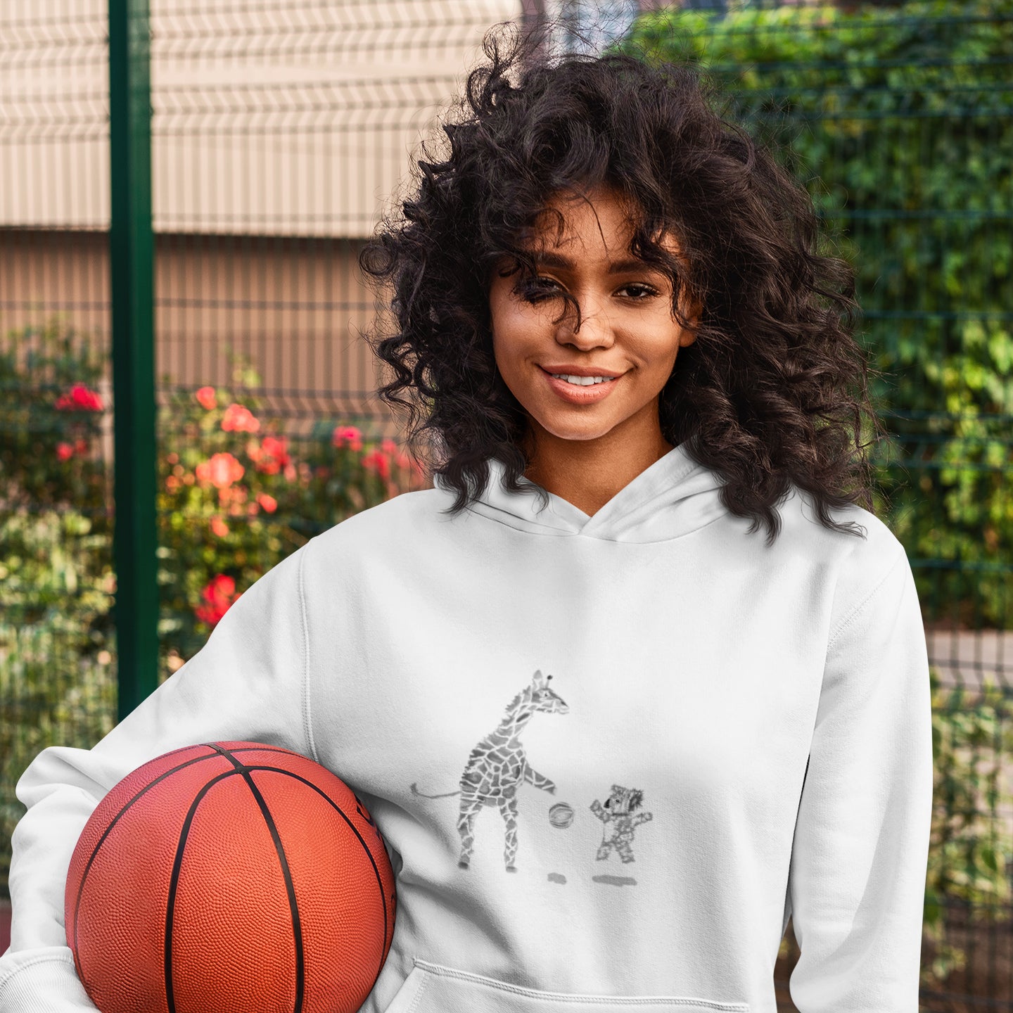 Koala and Giraffe Basketball | Sustainable Hoodie worn by a woman