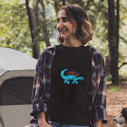Dinosaur Stegosaurus | 100% Organic Cotton T Shirt worn by a woman in the woods