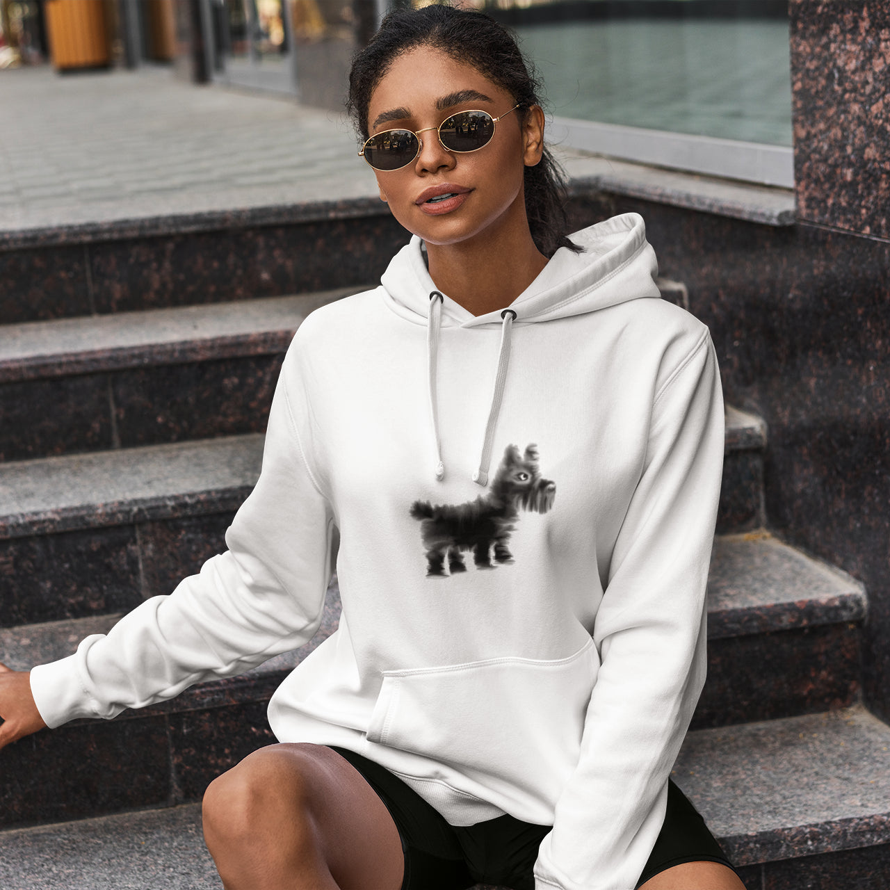 Scottie Dog | Sustainable Hoodie worn by a woman
