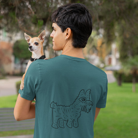 Dog 2 | 100% Organic Cotton T Shirt worn by a man with a dog
