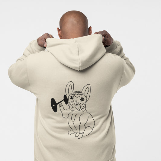 French Bulldog Weight Lifter | Sustainable Hoodie worn by a man