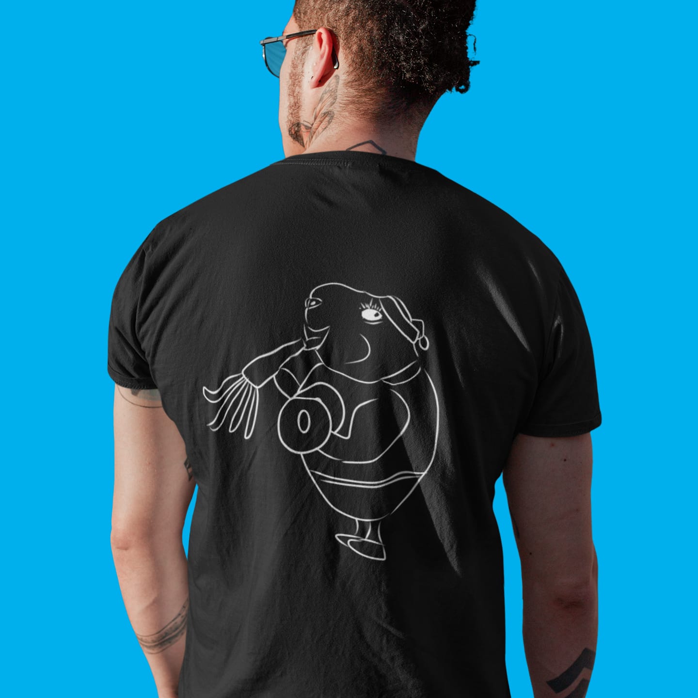 White Guinea Pig Weight Lifter | 100% Organic Cotton T Shirt in black worn by a man