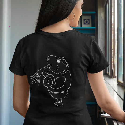 White Guinea Pig Weight Lifter | 100% Organic Cotton T Shirt in black worn by a woman