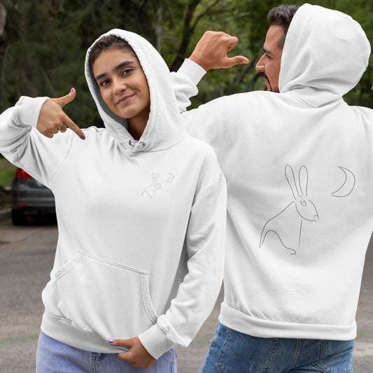 Hare Stares at Moon | Sustainable Hoodie worn by a couple