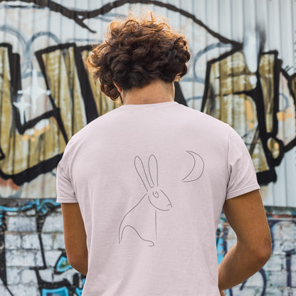 Hare Stares at Moon | 100% Organic Cotton T Shirt worn by a man