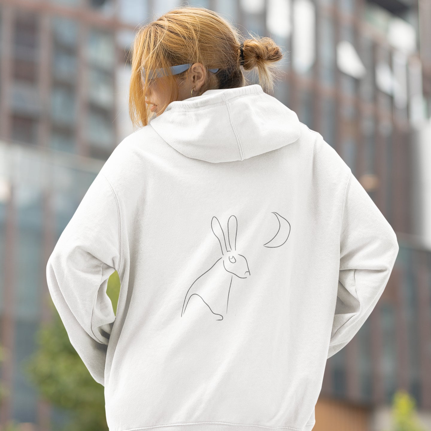 Hare stares at moon sustainable vegan hoodie two pocket