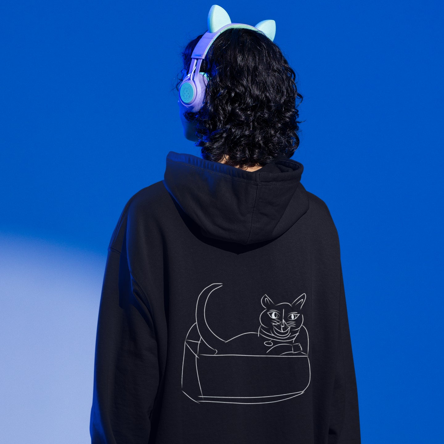 White Cat's Cradle: Purrfectly Charming white design sustainable vegan hoodie one pocket (front and back design)