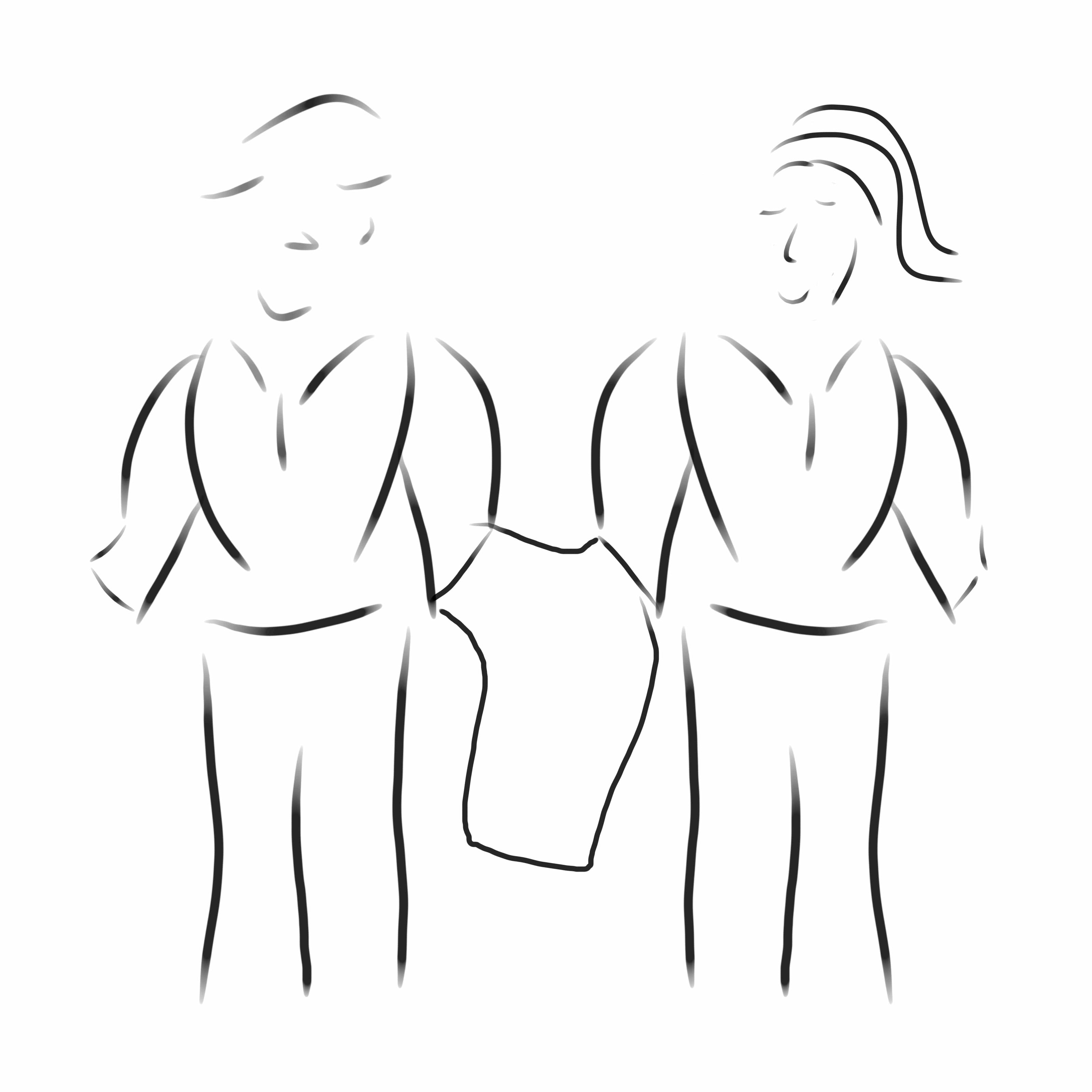 Outline of two people walking side by side on a white background