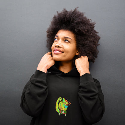 Chameleon Bagpiper | Sustainable Hoodie worn by a woman