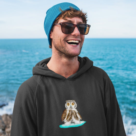 Surfing Owl | Sustainable Hoodie worn by a man