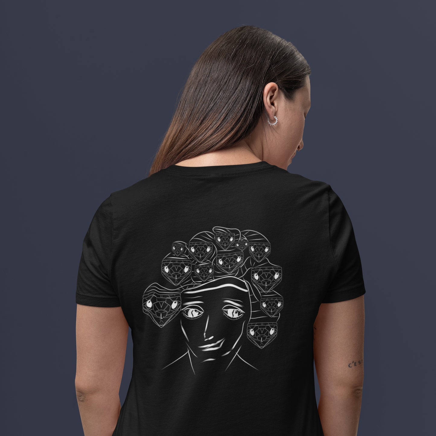 White Medusa | 100% Organic Cotton T Shirt worn by a woman in black back view