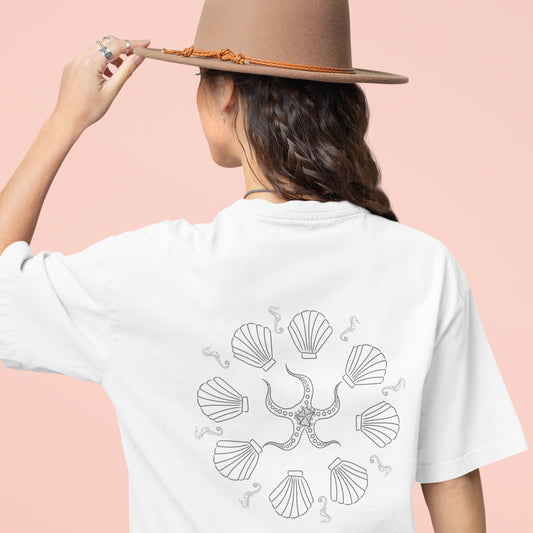 Ocean Symphony | 100% Organic Cotton T Shirt worn by a woman with a hat
