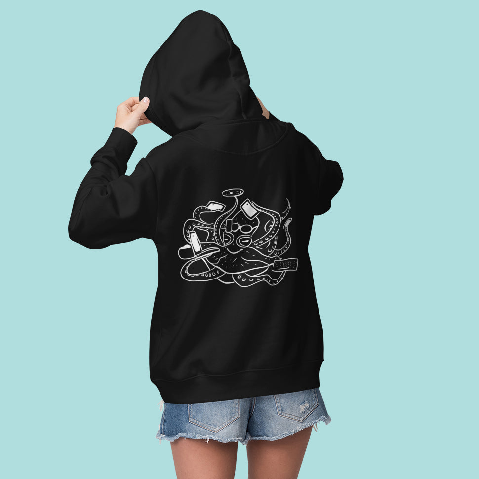 White Octopus Office Worker | Sustainable Hoodie worn by a woman