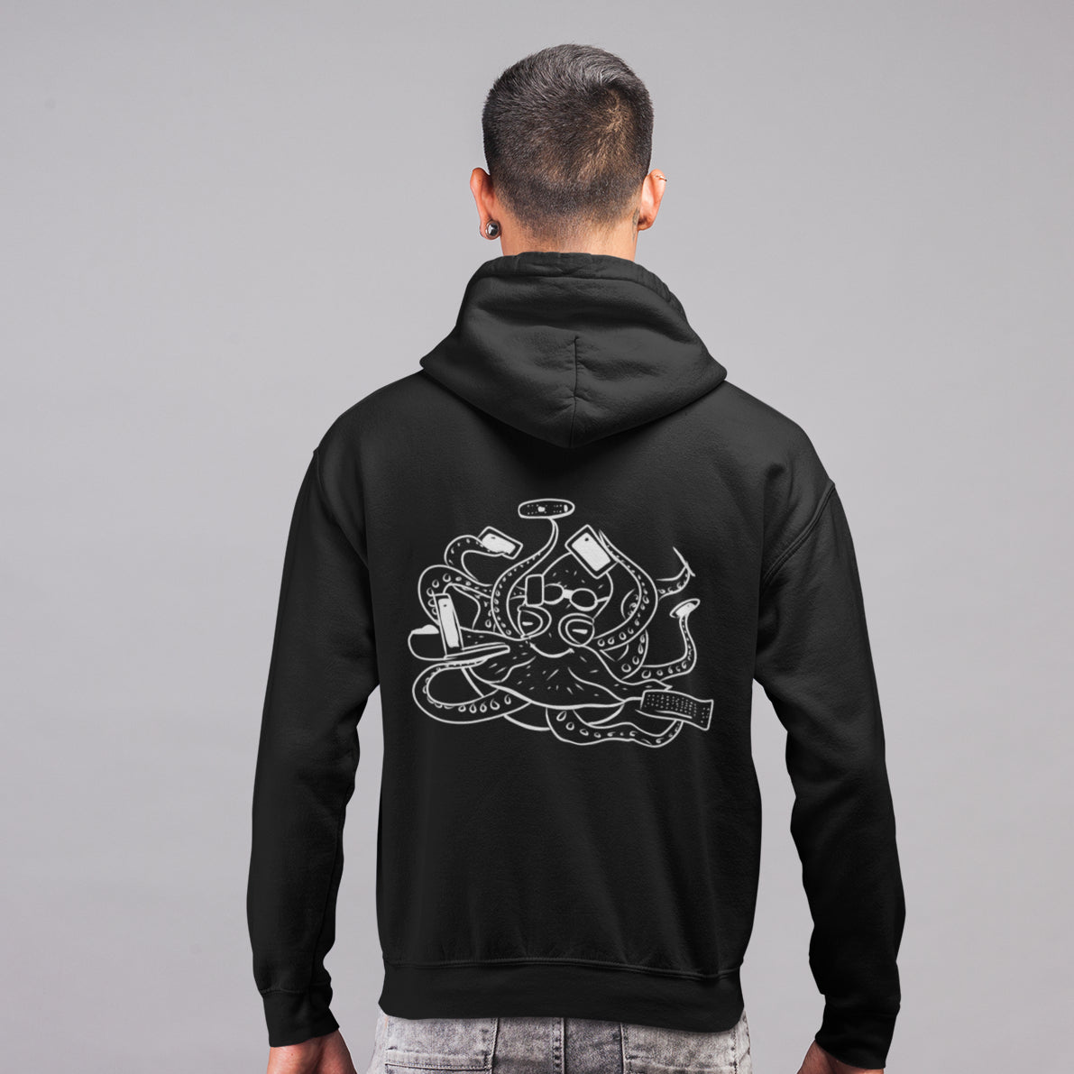 White Octopus Office Worker | Sustainable Hoodie worn by a man