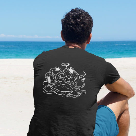 White Octopus Office Worker | 100% Organic Cotton T Shirt worn by a man