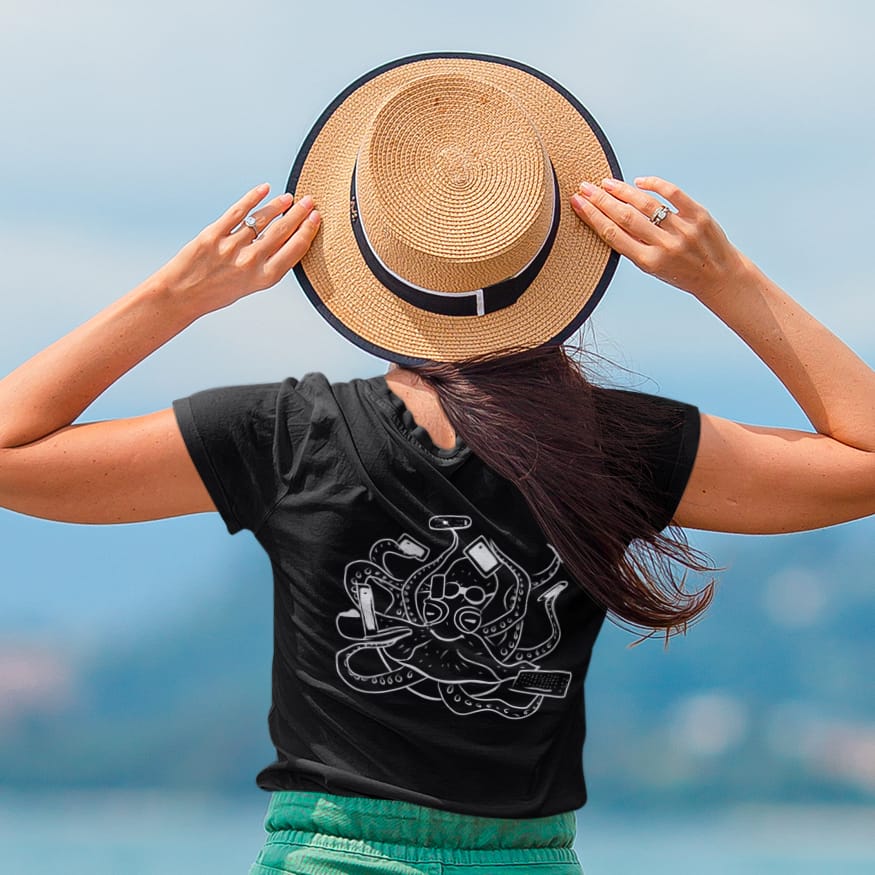 White Octopus Office Worker | 100% Organic Cotton T Shirt worn by a woman
