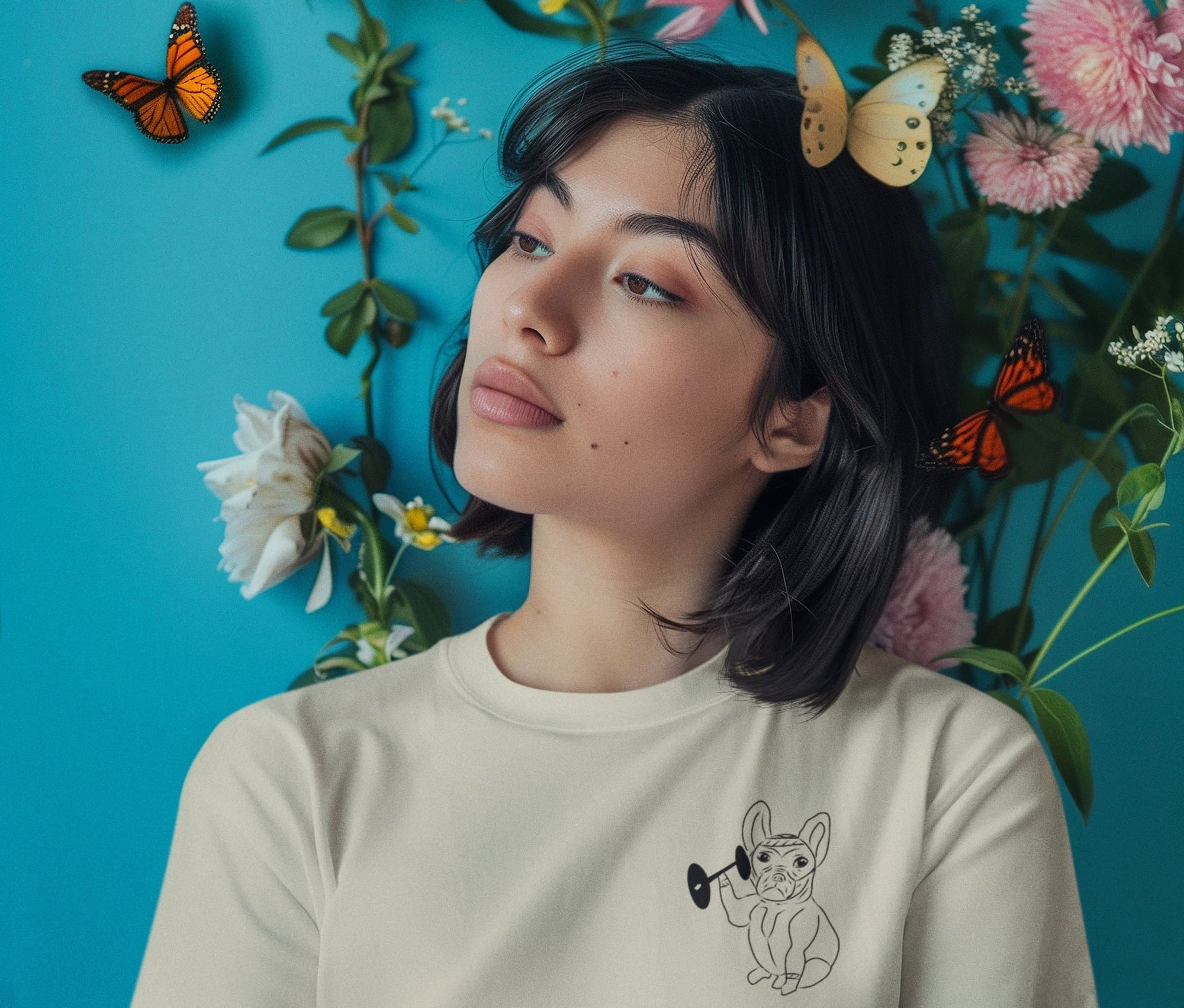 Woman wearing t shirt with butterflies 