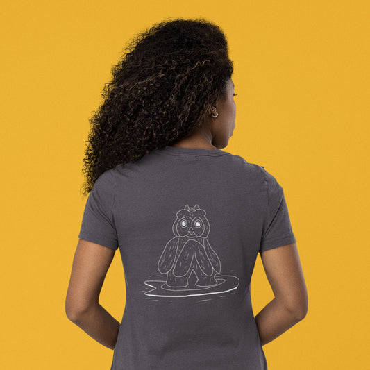 Surfing Owl White Line | 100% Organic Cotton T Shirt worn by a woman