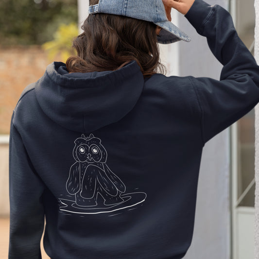 Surfing Owl White Line | Sustainable Hoodie worn by a woman