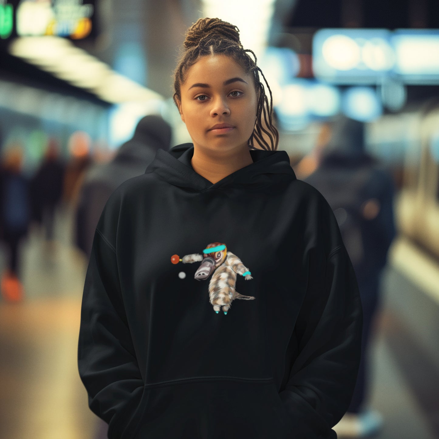 Ping Pong Platypus | Sustainable Hoodie worn by a woman