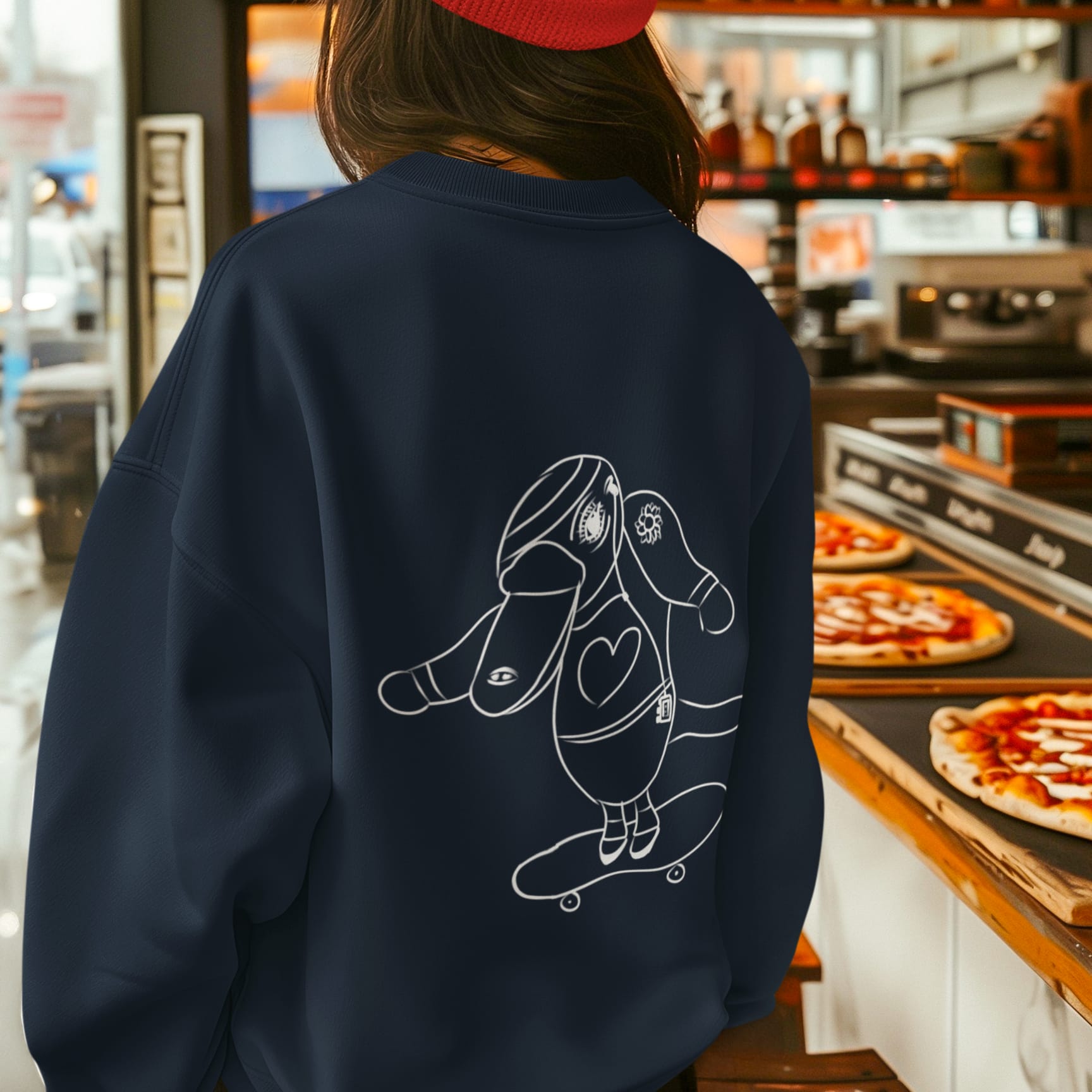 White Platypus Skateboarder | Vegan Jumper worn by a woman